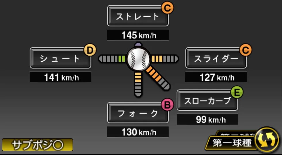塩見 貴洋の球種（ゲーム内の画面）