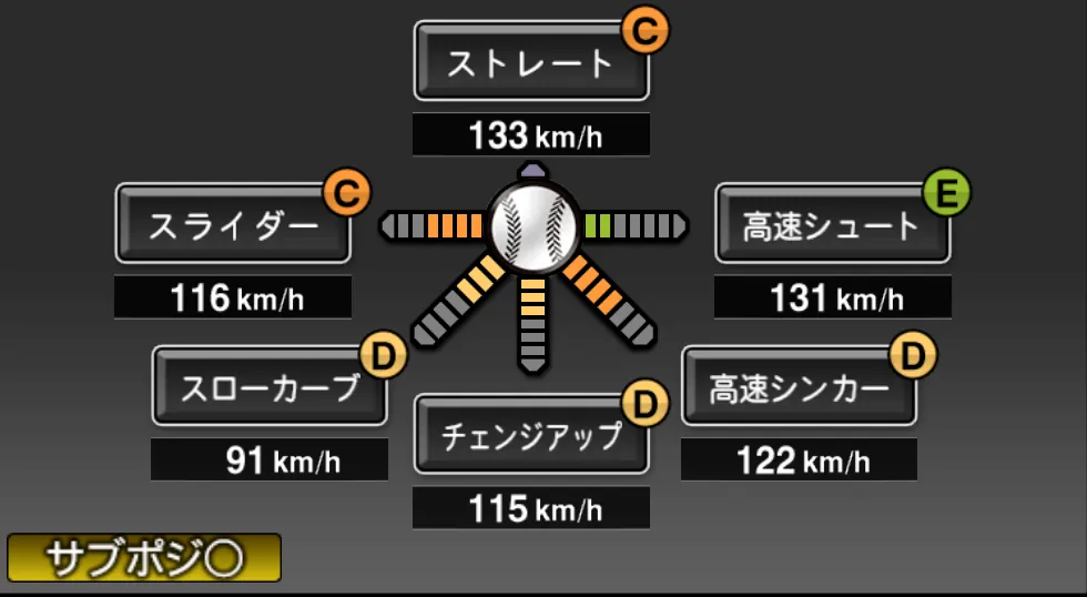 牧田 和久の球種（ゲーム内の画面）