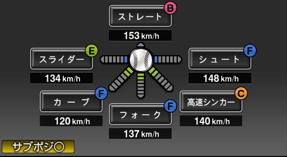小山 伸一郎の球種（ゲーム内の画面）