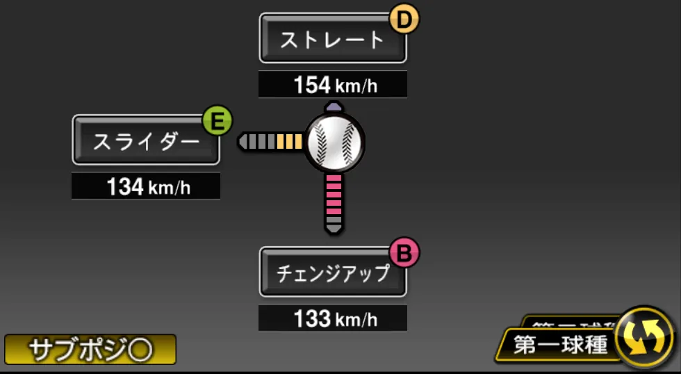 宋 家豪の球種（ゲーム内の画面）