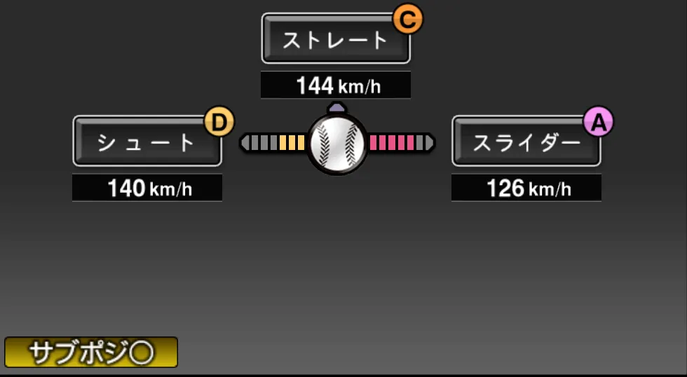 高梨 雄平の球種（ゲーム内の画面）