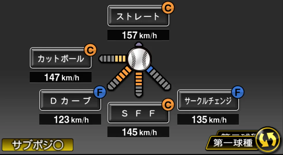 荘司 康誠の球種(ゲーム内の画面)