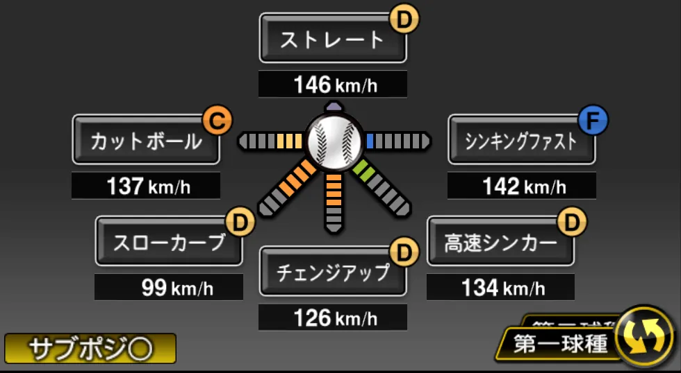 瀧中 瞭太の球種(ゲーム内の画面)