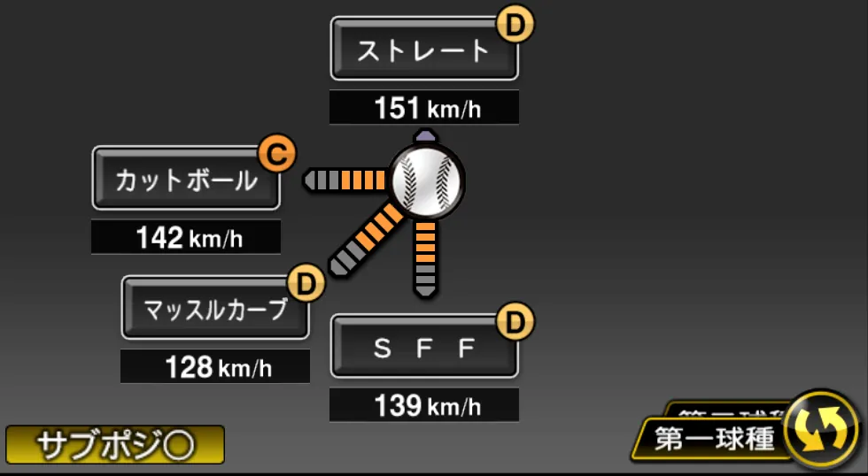 津留﨑 大成の球種（ゲーム内の画面）