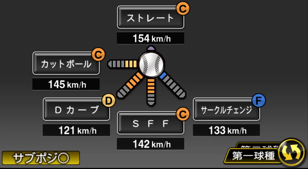 荘司 康誠の球種（ゲーム内の画面）