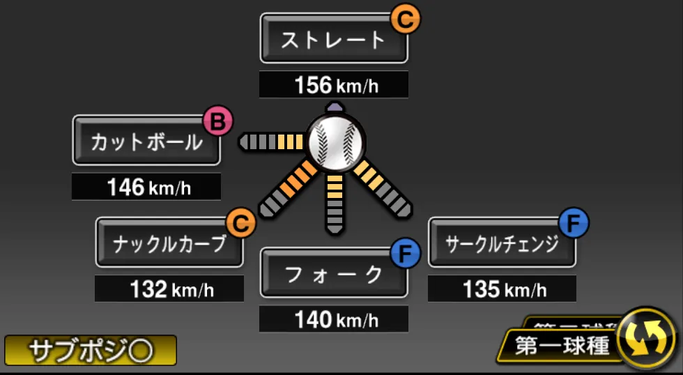 ポンセの球種（ゲーム内の画面）