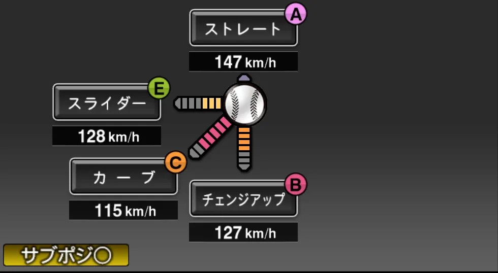 岸 孝之の球種（ゲーム内の画面）