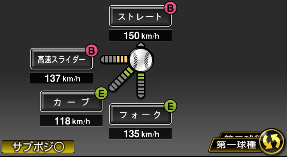 斎藤 隆の球種（ゲーム内の画面）