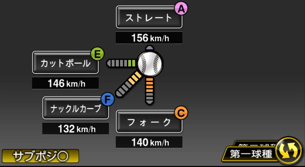 西口 直人の球種（ゲーム内の画面）