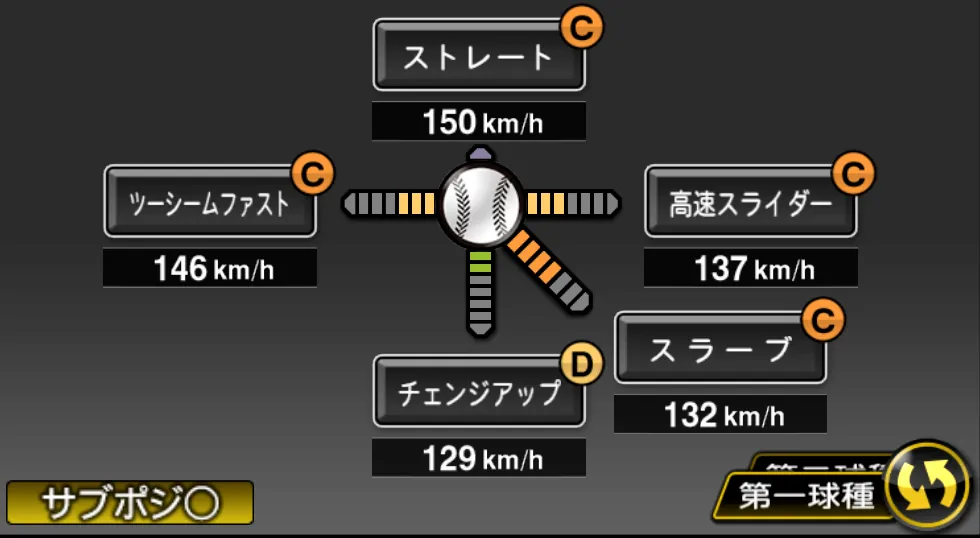 古謝 樹の球種(ゲーム内の画面)