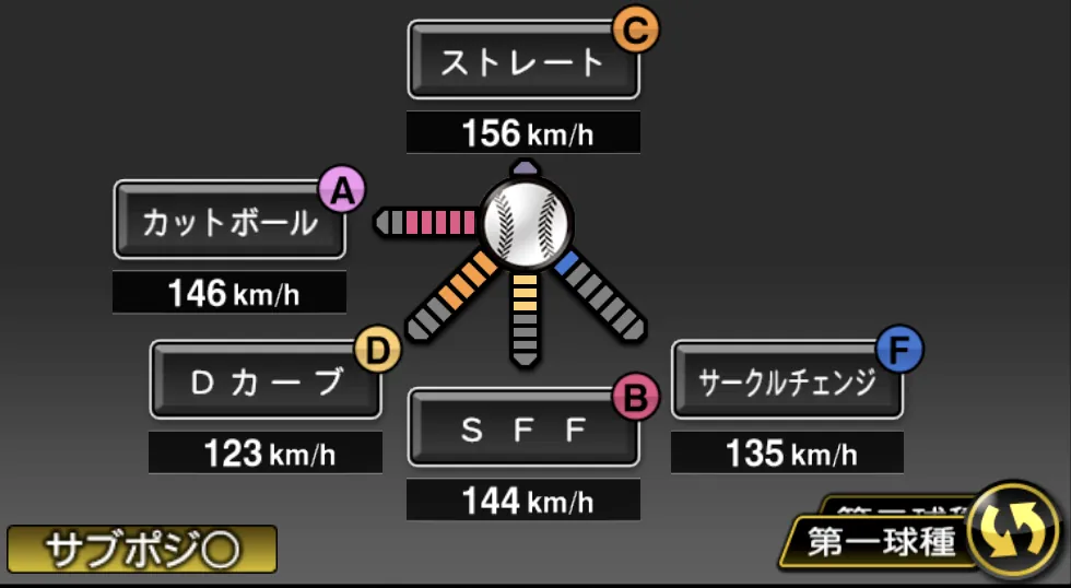 荘司 康誠の球種（ゲーム内の画面）