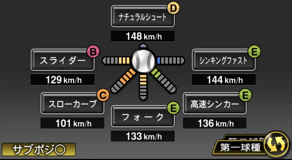 瀧中 瞭太の球種(ゲーム内の画面)