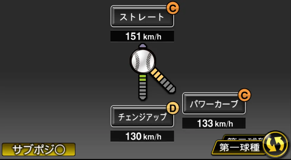吉川 光夫の球種（ゲーム内の画面）