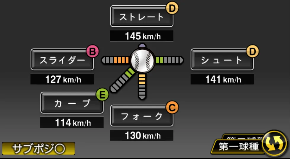 金村 暁の球種（ゲーム内の画面）