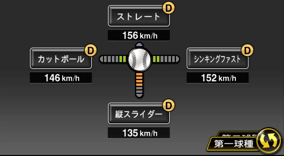 マーティンの球種(ゲーム内の画面)