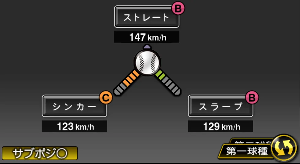 宮西 尚生の球種（ゲーム内の画面）