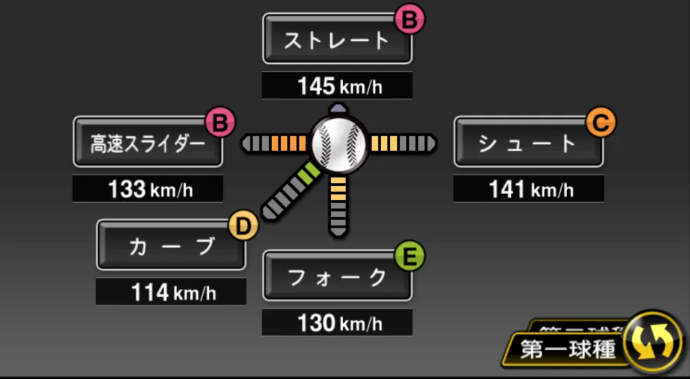 武田 久の球種（ゲーム内の画面）