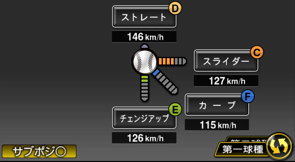 堀 瑞輝の球種（ゲーム内の画面）