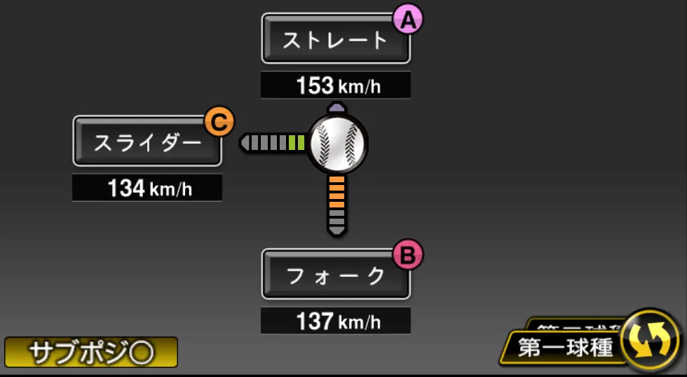 鍵谷 陽平の球種（ゲーム内の画面）