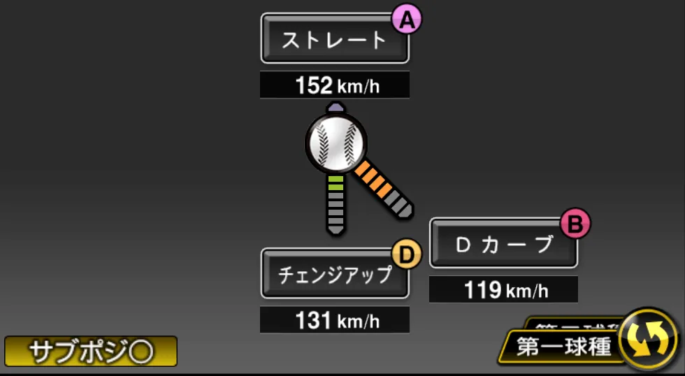 吉川 光夫の球種（ゲーム内の画面）