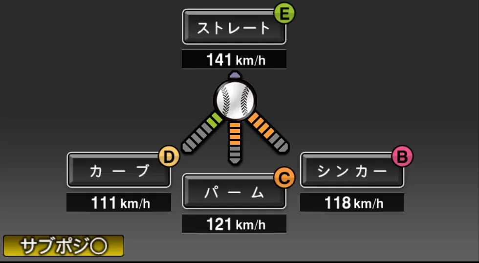 島﨑 毅の球種（ゲーム内の画面）