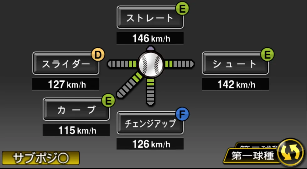 玉井 大翔の球種（ゲーム内の画面）