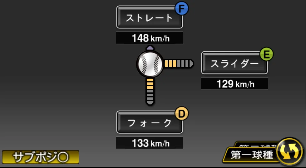 上原 健太の球種(ゲーム内の画面)