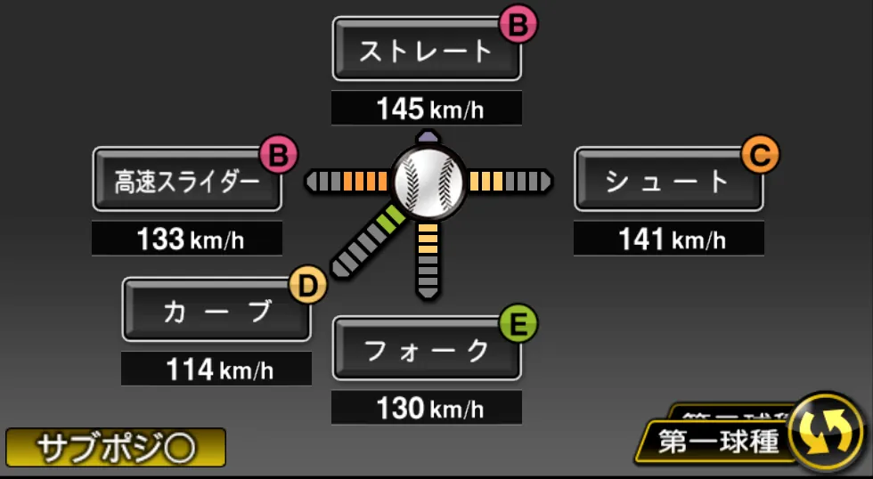 武田 久の球種（ゲーム内の画面）