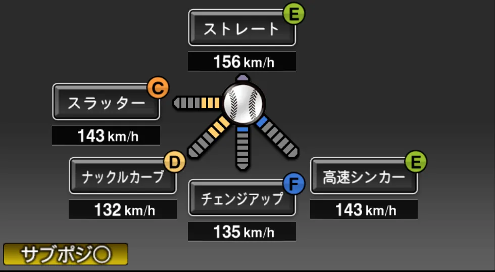 バーヘイゲンの球種（ゲーム内の画面）