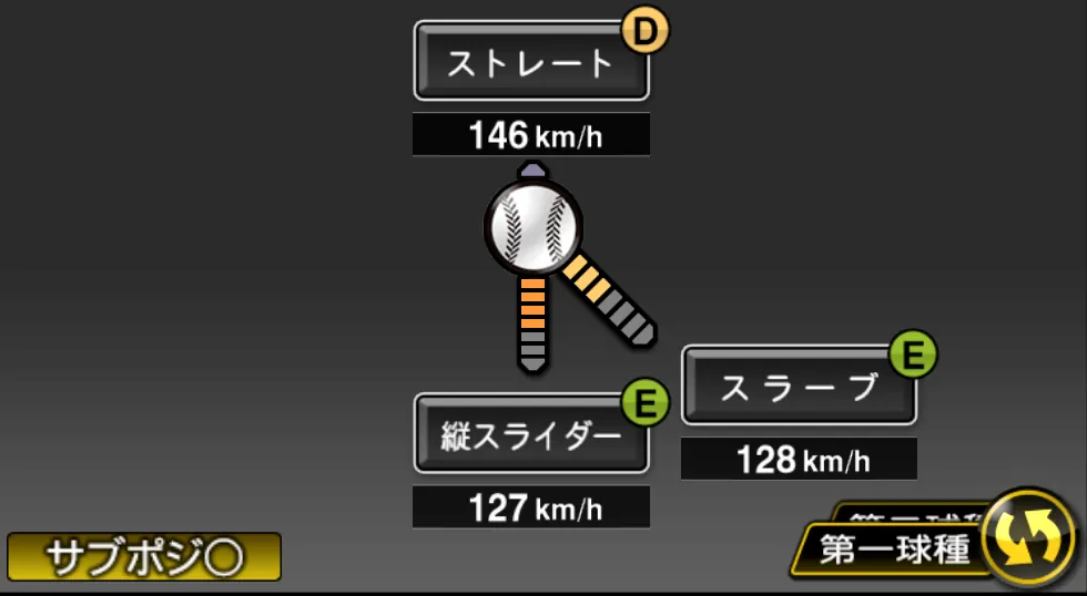 北浦 竜次の球種（ゲーム内の画面）