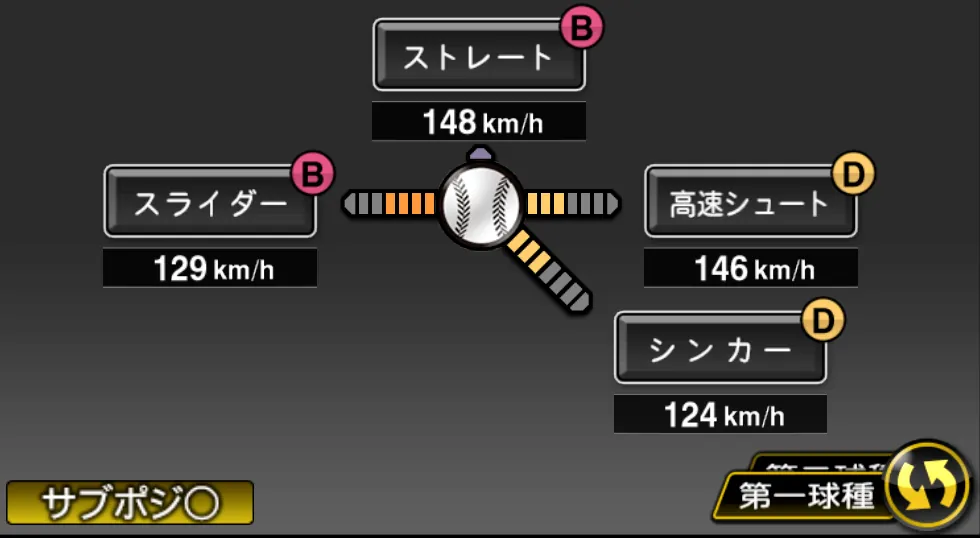 秋吉 亮の球種（ゲーム内の画面）