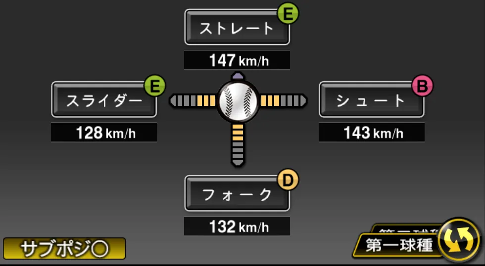 玉井 大翔の球種(ゲーム内の画面)