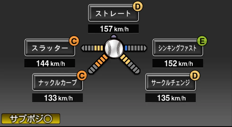 バーヘイゲンの球種（ゲーム内の画面）