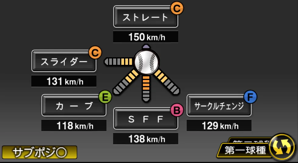 杉浦 稔大の球種（ゲーム内の画面）