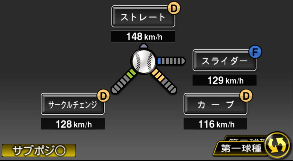 アーリンの球種（ゲーム内の画面）