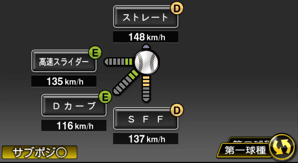 吉田 輝星の球種(ゲーム内の画面)