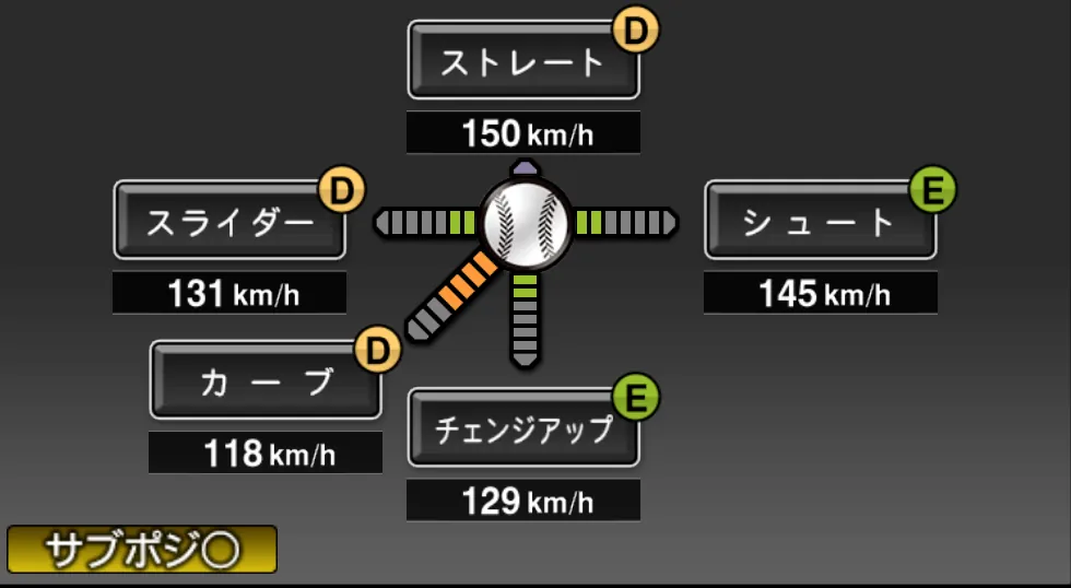 ミラバルの球種（ゲーム内の画面）
