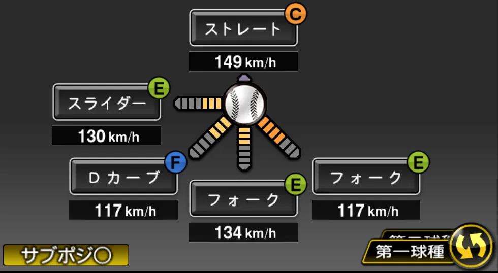達 孝太の球種（ゲーム内の画面）