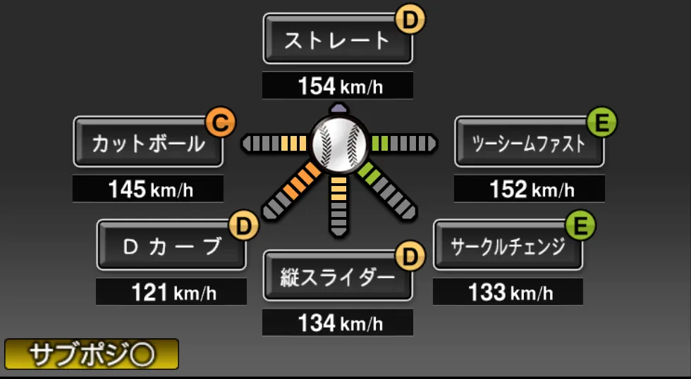ポンセの球種（ゲーム内の画面）