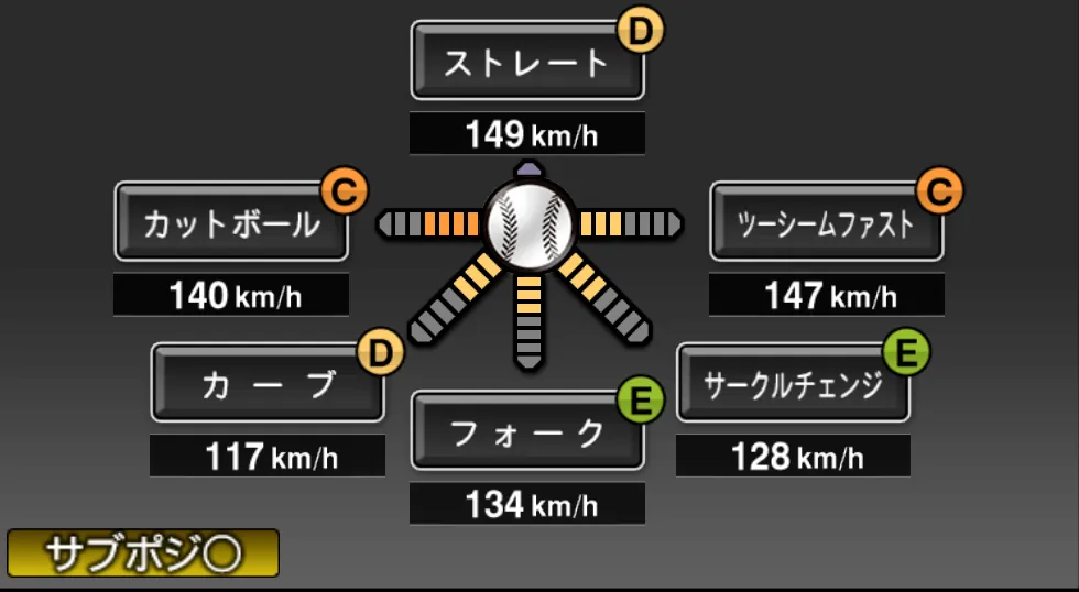 玉井 大翔の球種(ゲーム内の画面)