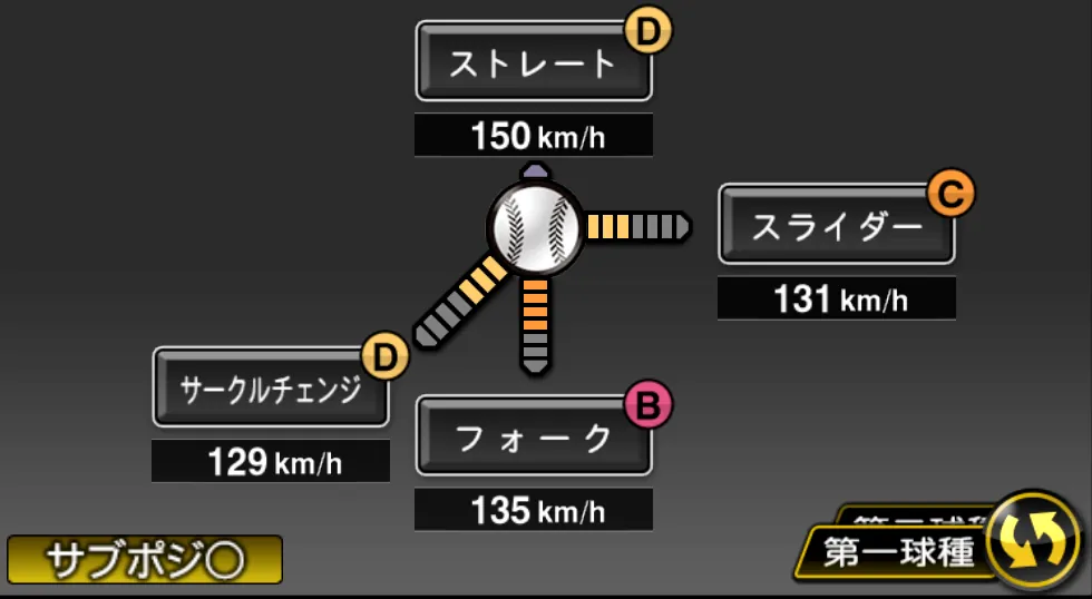 上原 健太の球種（ゲーム内の画面）