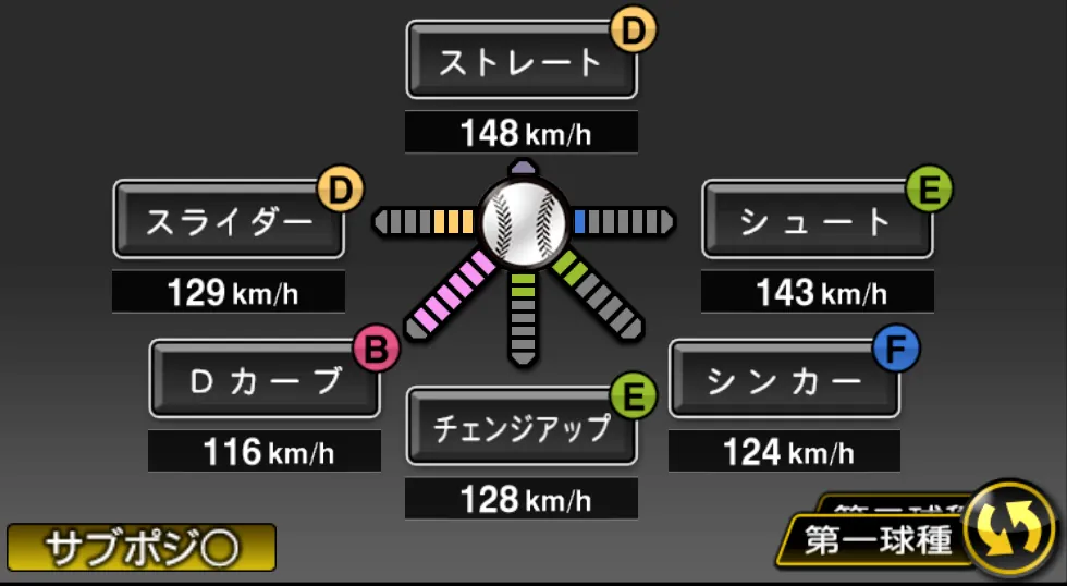 MICHEALの球種（ゲーム内の画面）