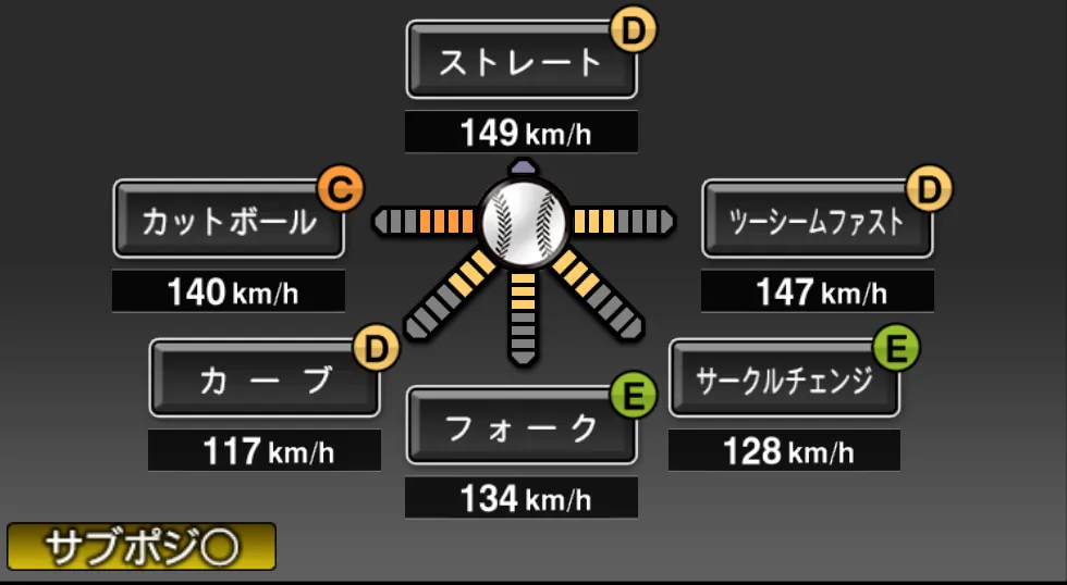 玉井 大翔の球種（ゲーム内の画面）