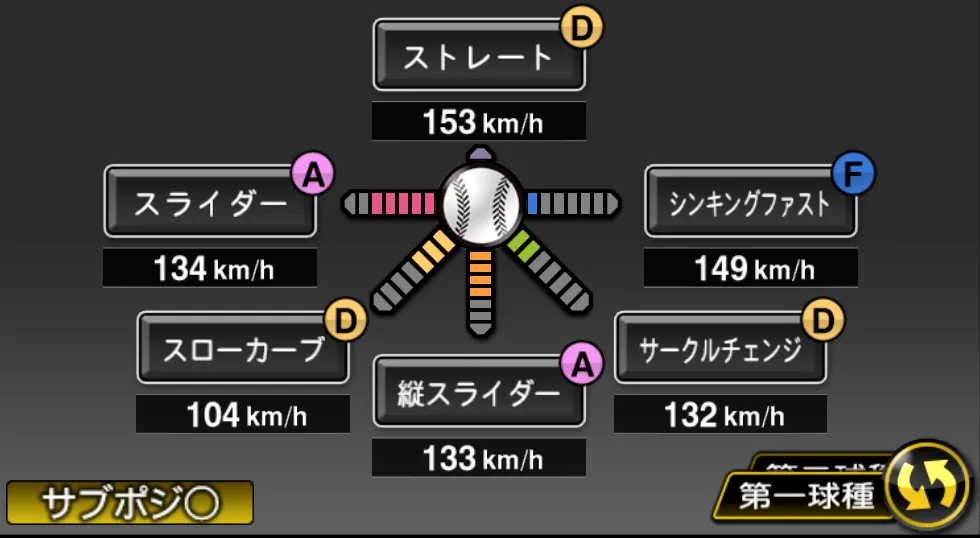 伊藤 大海の球種（ゲーム内の画面）