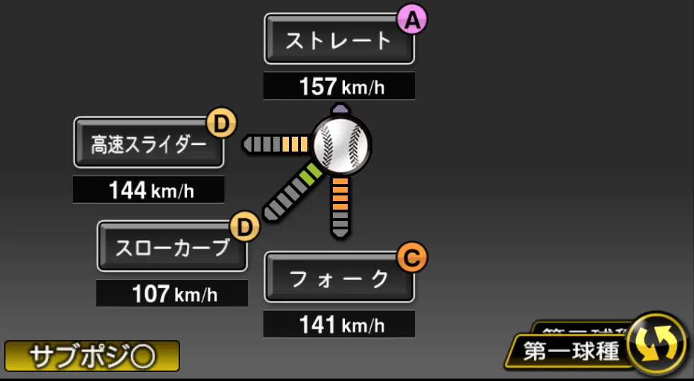 田中 正義の球種(ゲーム内の画面)