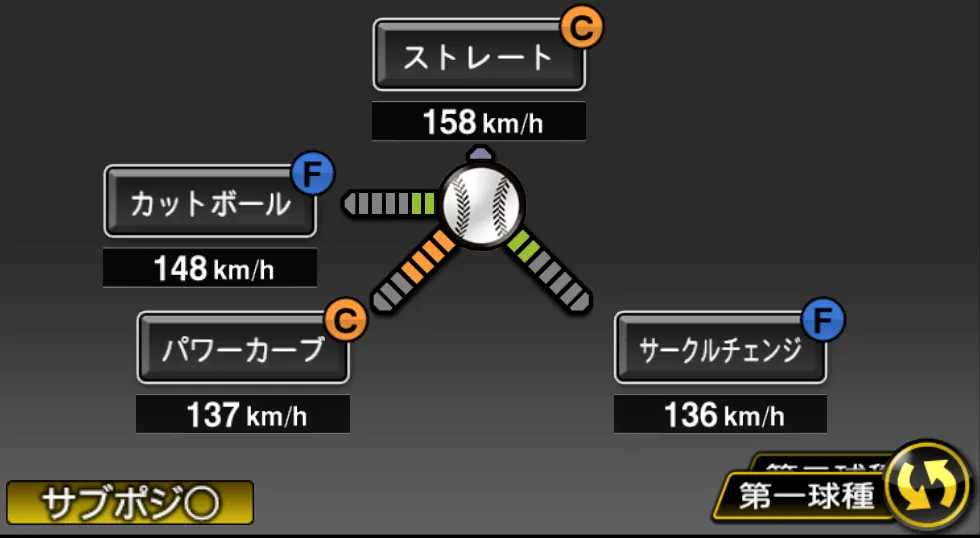マーフィーの球種（ゲーム内の画面）