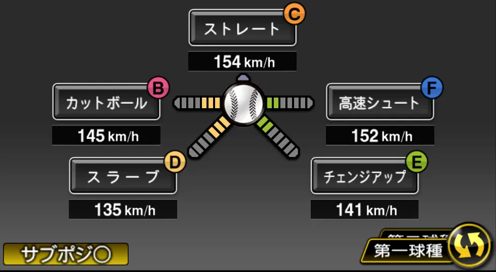 山本 拓実の球種（ゲーム内の画面）