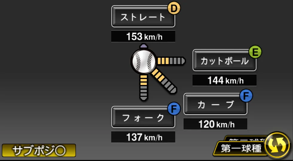 松浦 慶斗の球種（ゲーム内の画面）