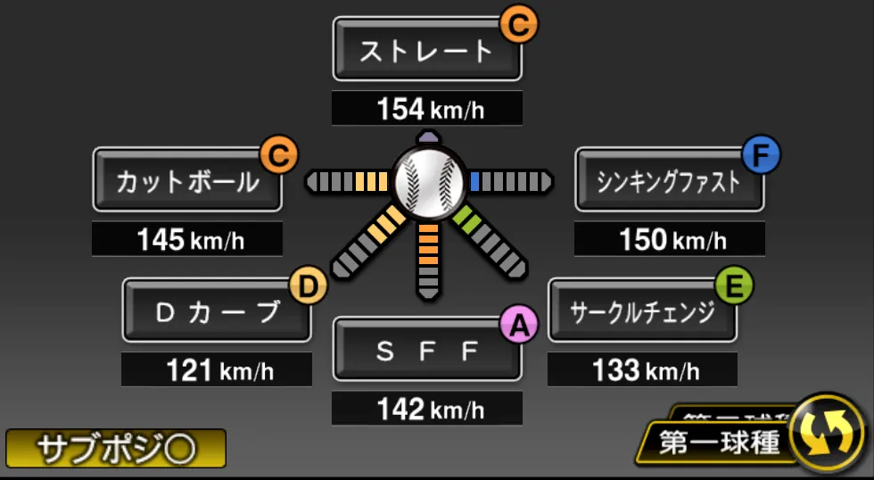 金村 尚真の球種（ゲーム内の画面）