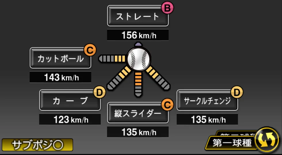 杉浦 稔大の球種（ゲーム内の画面）